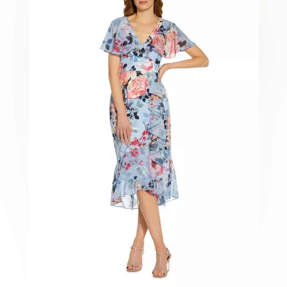 Adrianna Papell Blue Floral Midi Dress